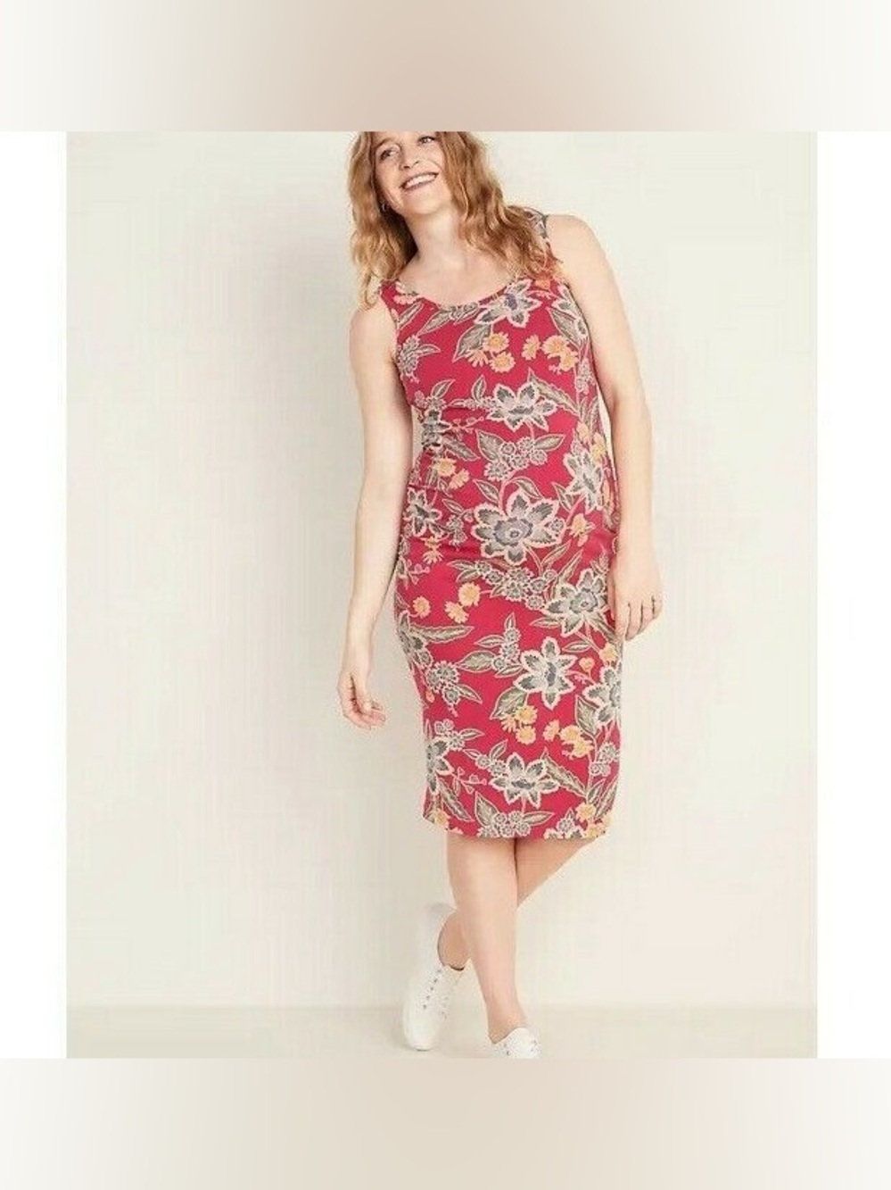 Old Navy Maternity Sleeveless Floral Slub Ruched Midi Dress L - Picture 3 of 15